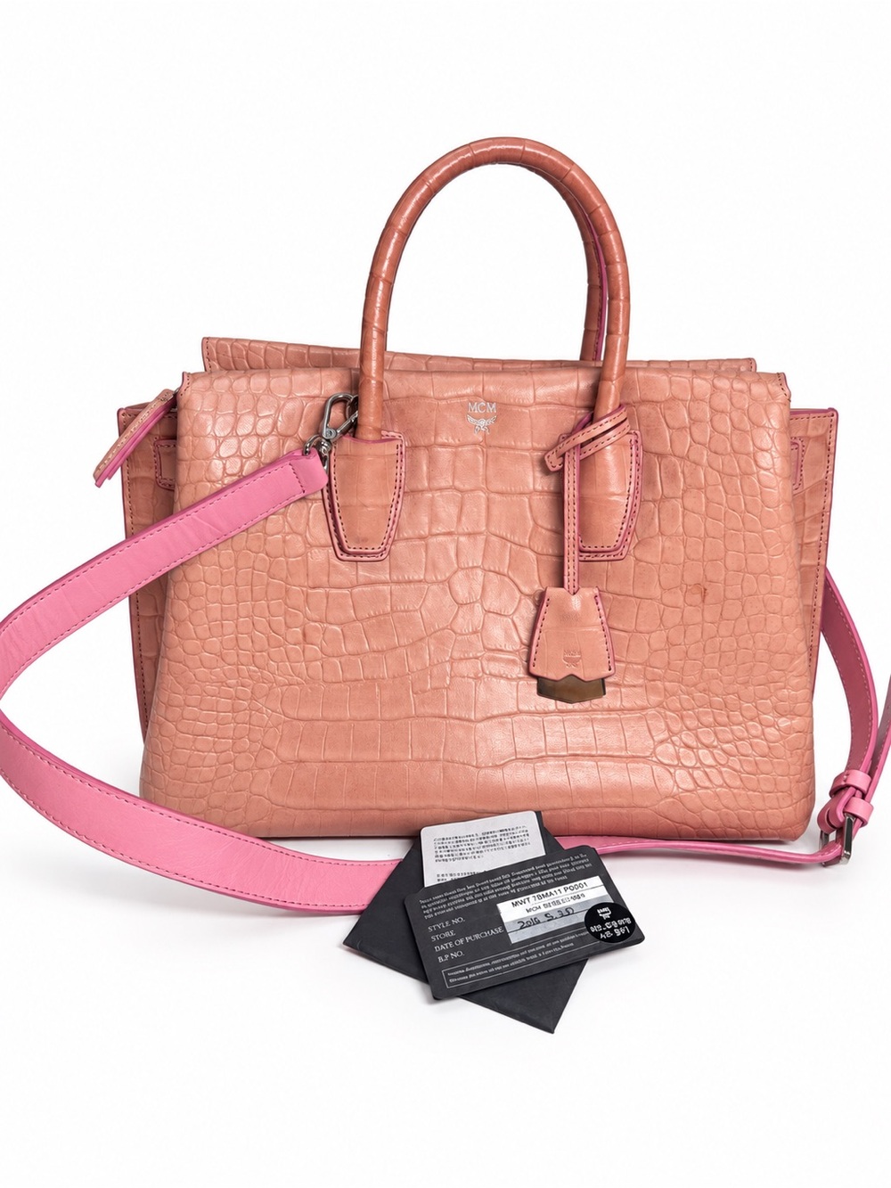MCM Croc-Embossed Leather Satchel in Blush with Pink Strap Milla medium
